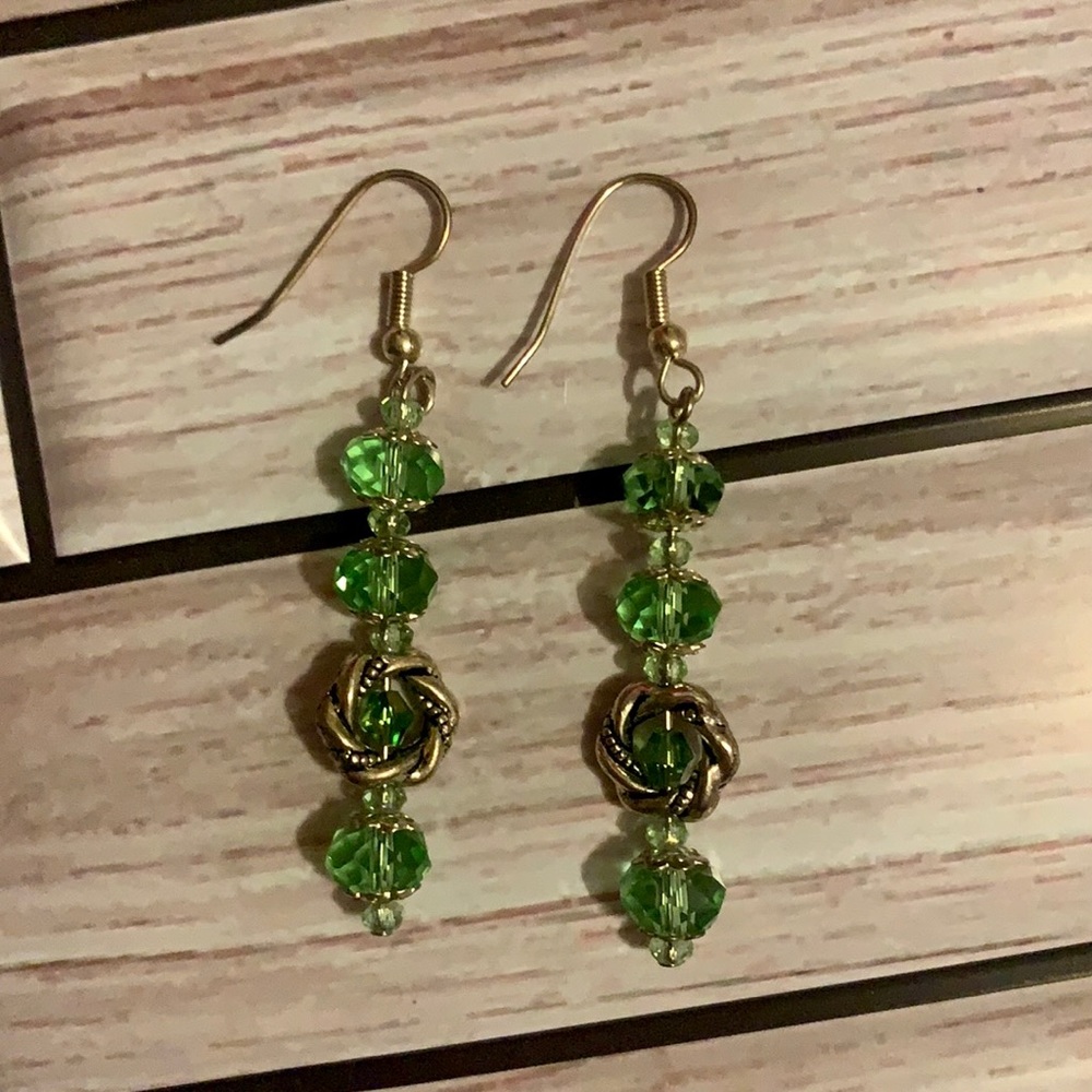 Green & Silver Beaded Earrings - Picture 2 of 2